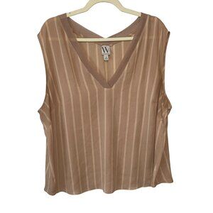 Worthington Womens Tan Striped V-Neck Sleeveless Blouse 2X Polyester